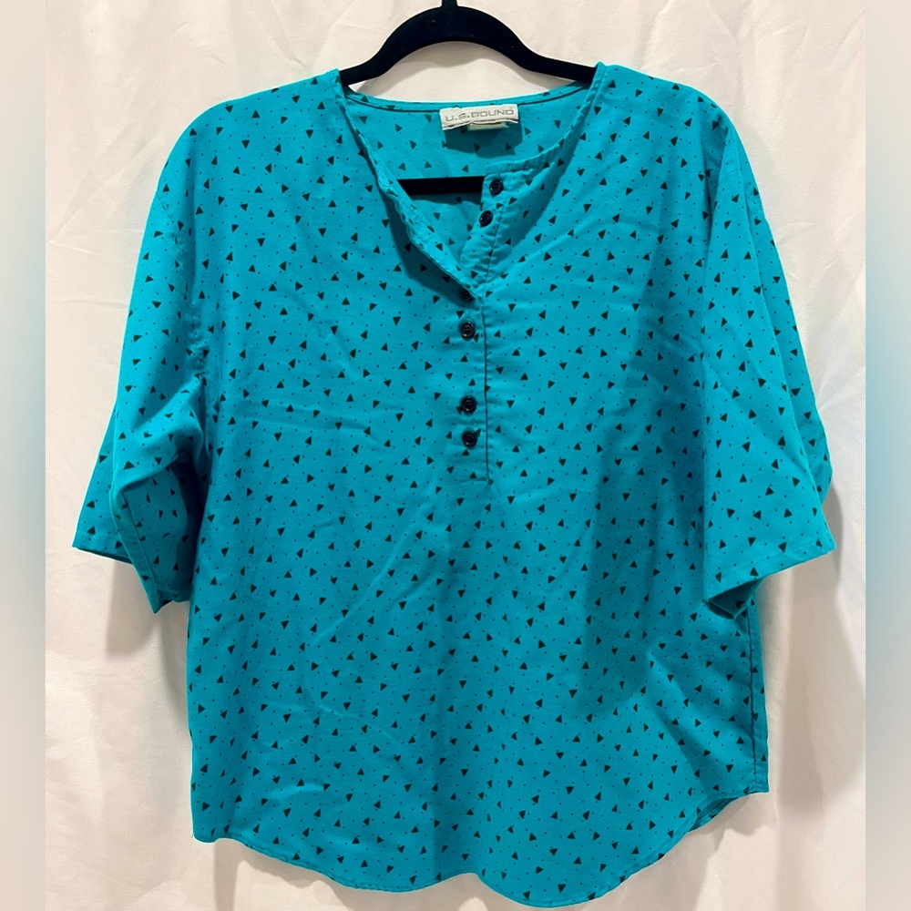 Vintage 90’s Oversized Boxy Teal Black Geometric Henley Women’s Sz L